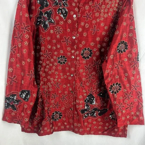 Chico's Silk Beaded Sequin Floral Blouse Shirt Red Size 3 XL Anniversary Collec - Picture 5 of 9